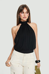 Alissah Halter Chiffon Bodysuit Black