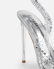 Tia Clear Silver Embellished Slingback Courts