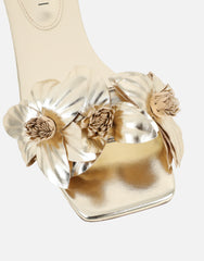 Gilly Gold Metallic Flower Detail Flat Sandals