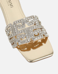 Rania Gold Mirror Diamante Patterned Flat Sandals
