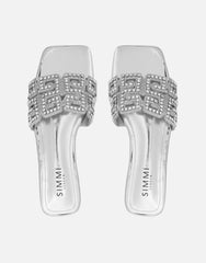 Rania Silver Mirror Diamante Patterned Flats Sandals