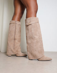 Anais Taupe Microfibre Foldover Buckle Detail Heeled Boots