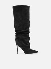 Cotton Black Suede Ruched Heeled Boots