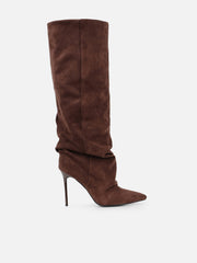 Cotton Brown Suede Ruched Heeled Boots