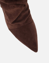 Cotton Brown Suede Ruched Heeled Boots