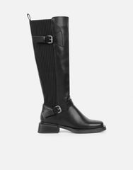 Dilly Black Knee High Buckle Detail Sock Boots