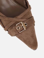 Stallone Dark Beige Suede Buckle Detail Slingback Court Shoes