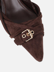 Stallone Brown Suede Buckle Detail Slingback Court Shoes
