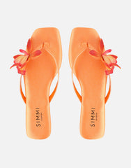 Hannah Orange Satin Flower Detail Flat Sandals