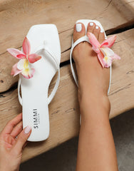 Hannah White Flower Detail Flat Sandals