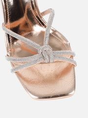 Janeet Rose Gold Metallic Diamante Knot Heeled Sandals