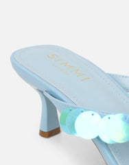 Dixy Blue Sequin Strap Square Toe Heeled Mules
