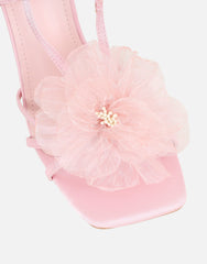 Lulu Pink Satin Mesh Flower Heeled Sandals