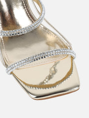Mayaa Gold Mirror Diamante Slingback Block Heeled Sandals