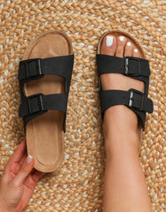 Manny Black Slip On Footbed Flat Sandals