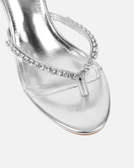 Sheen Silver Metallic Diamante Toe Post Heeled Sandals