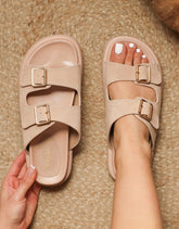 Jesselyn Beige Suede Buckle Chunky Flat Sandals