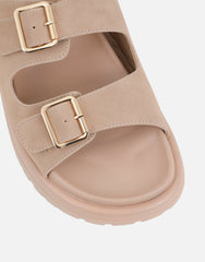 Jesselyn Beige Suede Buckle Chunky Flat Sandals