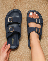 Jesselyn Navy Suede Buckle Chunky Flat Sandals