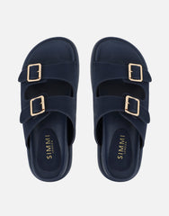 Jesselyn Navy Suede Buckle Chunky Flat Sandals