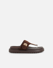 Makky Brown Suede Toe Post Embellished Chunky Flats