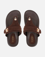 Makky Brown Suede Toe Post Embellished Chunky Flats