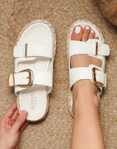 Nancy White Buckle Raffia Chunky Outsole Flats