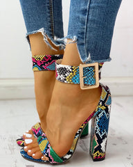 Contrast Color Snakeskin Buckled Chunky Heeled Sandals