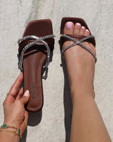 Astana Chocolate Satin Diamante Flat Sandals
