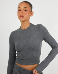 Monique Simmi Studios Soft Stripe Fine Ribbed Long Sleeve Top In Dark Grey