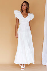 Kahlo Puffed Ruffle Neckline Maxi Dress White
