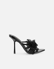 Tina Black Patent Flower Detail Heeled Sandals