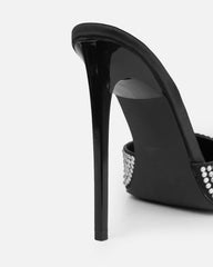 Thia Black Satin Diamante Mules