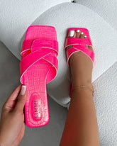 Cherie Hot Pink Faux Croc Print Flat Sandals