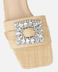 Cyra Beige Raffia Diamante Flat Sandals