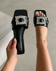 Cyra Black Faux Lizard Effect Diamante Flat Sandals