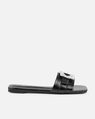Cyra Black Faux Lizard Effect Diamante Flat Sandals