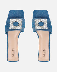 Cyra Silver Denim Diamante Flat Sandals