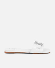 Cyra White Faux Lizard Effect Diamante Flat Sandals