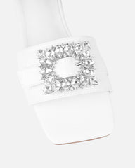 Cyra White Faux Lizard Effect Diamante Flat Sandals