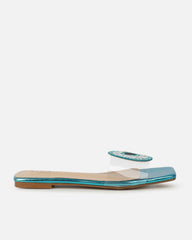 Clem Clear Aqua Blue Metallic Evil Eye Flat Sandals