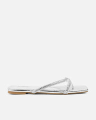 Visha Silver Mirror Effect Diamante Flat Sandals