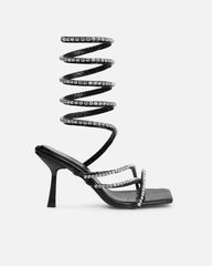 Freesia Black Faux Snake Print Toe Post Ankle Coil Mid Heels