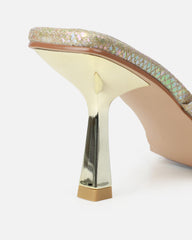 Apollo Gold Shimmer Faux Snake Strappy Mid Heel Mules