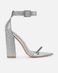 Arii Silver Mirror Diamante Block Heels