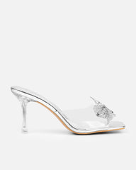 Ashleigh Clear Silver Mirror Diamante Bow Mid Heeled Sandals