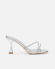 Aubria Silver Mirror Diamante Mid Heeled Sandals
