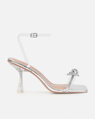 Diamond Silver Clear Diamante Bow Mid Heels