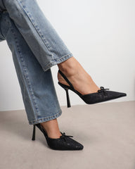 Bebee Black Lace Bow Heeled Sandals