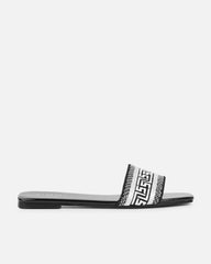 Cali Black Patent Embroidered Slide Sandals